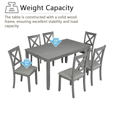 Image of Harper & Bright Designs Modern 7-Piece Dining Set,58.5 inch Solid Wood Table & 6 Padded X-Back Style Chairs, Grey for Kitchen /Dining Room, 6-Person Seating