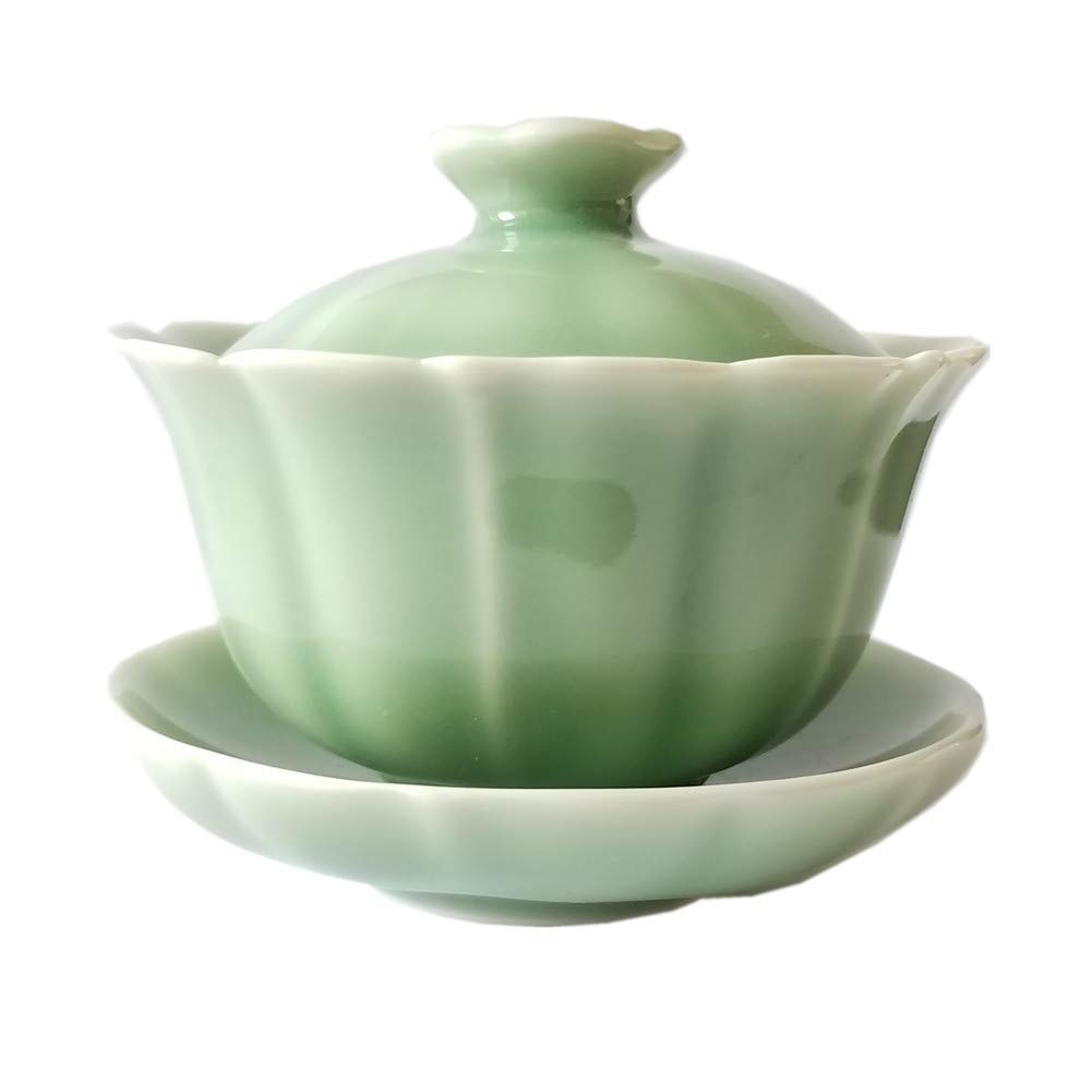 Handmade CeladonGaiwan 5oz Teacups and Saucer Set Kung Fu Cups Porcelain Drinkware (Green)