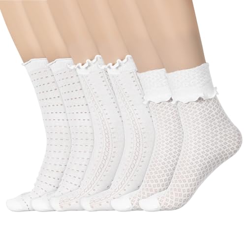 Ouligay 3 Pairs White Ruffle Ankle Socks Women Cute Casual Cotton Summer Mesh Ruffle Frilly Ankle Socks for Women