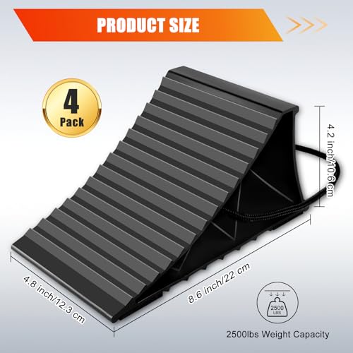 Image of Wheel Chocks for RV Trailer, 4 Pack Non Slip Wheel Chocks for Travel Trailers with Rope for Easy Removal, Lightweight Plastic Wheel Stoppers Block for Camper Cars Trucks