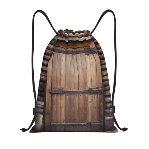 Rustic Wooden Door Drawstring Backpack Water Resistant String Bag Sports Sackpack Gym Sack Beach Swim Travel Daypack
