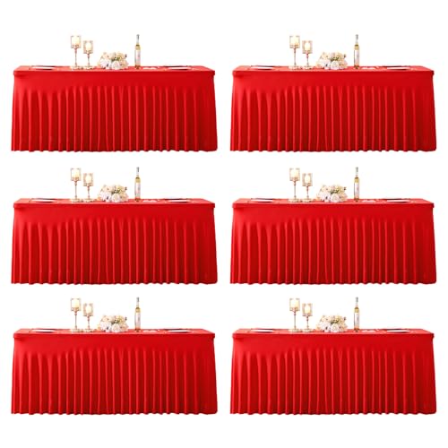 Suppromo 6 Pack 6ft Red Spandex Table Cloths for Rectangle Tables Wrinkle Free Red Tablecloths Rectangle Stretch Fitted Table Cover with Skirt for Birthday Party Baby Shower Wedding Banquet Buffet
