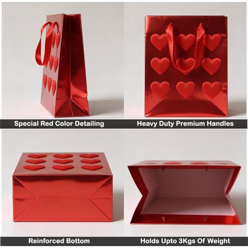 Image of Prettykrafts Premium Red Heart Gift Bag | Pack of 1 | 25x20x10 cm | Large Size | Reusable & Eco-Friendly Paper Bags for Gifting, Parties, Return Gifts, Shopping and Special Occasions