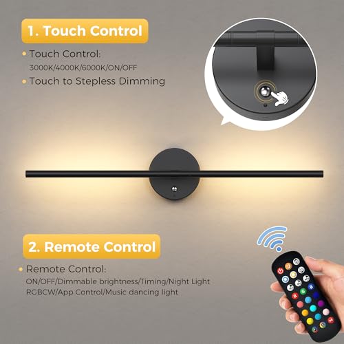 Image of L LOHAS LED Battery Operated Wall Sconces Set of 2, Battery Wall Sconce 10000mAh, Black Rechargeable Sconces 3CCT + RGB, 23.5 Inch Wireless Wall Lights, Sconce Wall Decor for Bedroom, Living Room