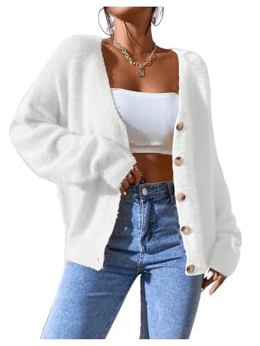 Image of SHENHE Women's Cardigan Sweater Fuzzy Button Down Long Sleeve Open Front Drop Shoulder Cardigan Outwear