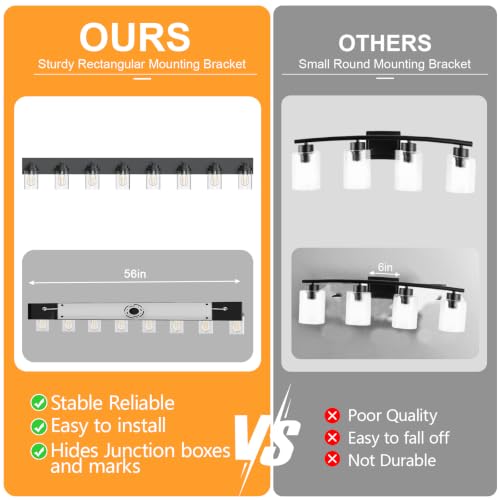 Image of IZORRO Bathroom Vanity Light Fixture, 8-Light 56 inch Matte Black Bathroom Light Fixtures Over Mirror, with Clear Glass Shade, Modern Farmhouse Vanity Lights, Rustic Restroom Lighting Fixtures