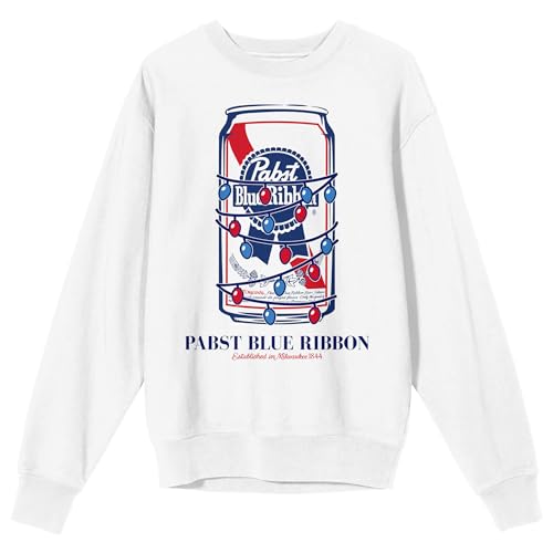Bioworld Pabst Blue Ribbon Wrapped in Christmas Lights Men's White Crew Neck Sweatshirt