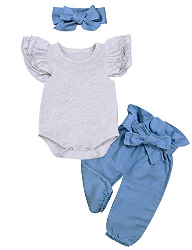 Newborn Baby Girls Clothes Outfits Infant Romper Ruffle T-Shirt Floral Pants Cute Toddler Baby Girl Clothes Set Newborn Grey-Blue