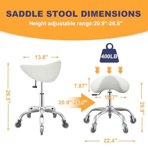 Image of E-Motie Rolling Saddle Stool with Wheels, Adjustable Swivel PU Leather Chair - Ergonomic Drafting Salon Stool for Lab, Office, Beauty, Tattoo, Massage & Clinic(Beige)