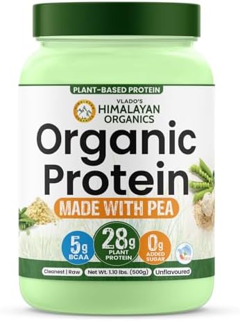 Vlado's Himalayan Organics Organic protein Powder I Plant protein I 28G Protein , 5G BCAA I Made with 100% Organic Pea's I Clean & Vegan Protein I Lab Tested I Fast Absorbing, No Bloating, Easy to Digest | Faster Muscle Recovery I Unflavoured - 500 Grams