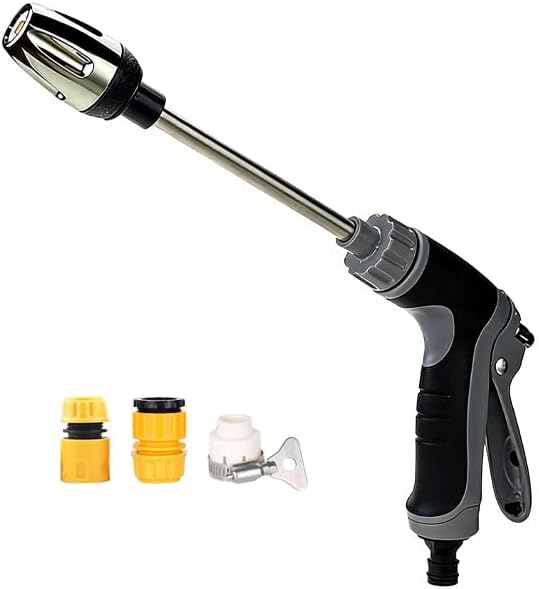 Garden Hose Nozzle Compatible with All Garden Hoses, 3 Spray Modes, 360° Adjustable Spray, Lock-On Trigger Reduces Fatigue, Durable Stainless Steel for Cars & Patios (16.4 ft hose + foam pitcher)