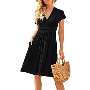 LILBETTER Women's Summer Casual Short Sleeve V-Neck Short Party Dress with Pockets Black Large