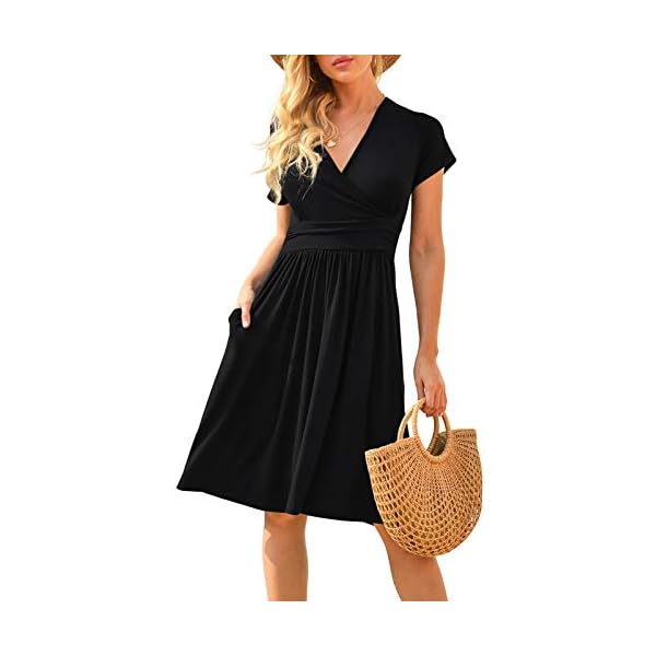LILBETTER-Womens-Summer-Casual-Short-Sleeve-V-Neck-Short-Party-Dress-with-Pockets LILBETTER Women's Summer Casual Short Sleeve V-Neck Short Party Dress with Pockets Black Large