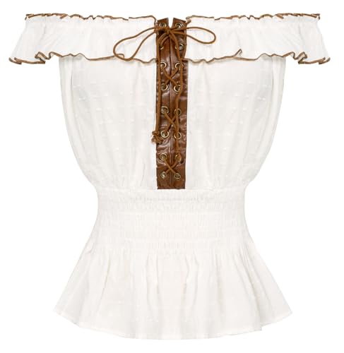 SCARLET DARKNESS Blusa renacentista de algodón para mujer, con volantes, hombros descubiertos, con cordones, para el verano, blanco, S