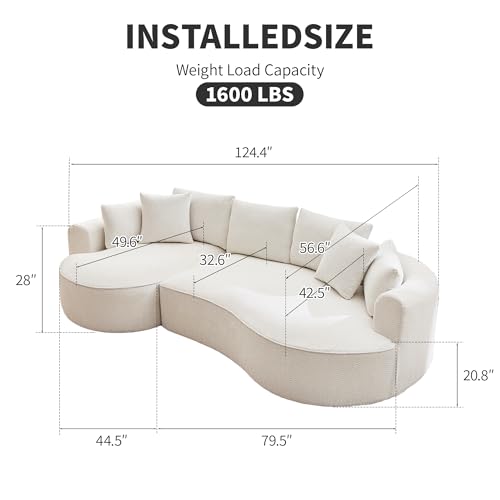 Opiesit 124" Oversized Boneless Couches for Living Room, Sectional Curved Sofa with 7 Pillows, L-Shape Boneless Couch with Deep Seat, High-Density Memory Foam, No Assembly Required, Chenille (White) - Image 2