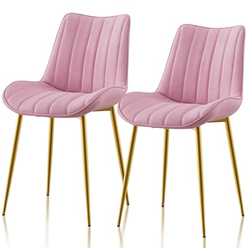 VECELO Dining Chairs Set of 2 Velvet Fabric & Metal Frame Mordern Style for Kitchen Living Room Offcie Pink