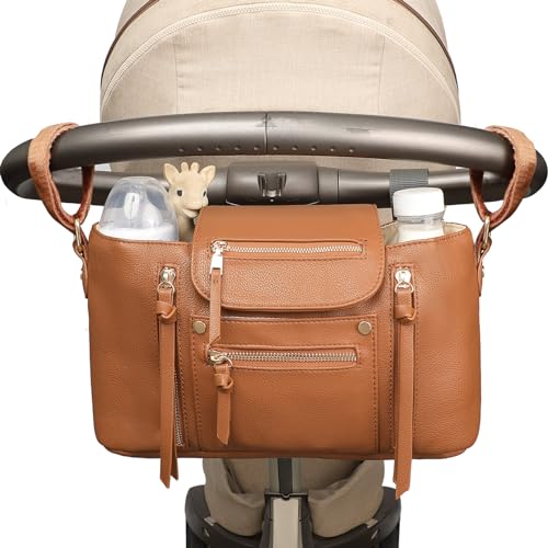 Image of Miss Fong Stroller Organizer with Insulated Cup Holder - Stroller Accessory Bag, Caddy, Diaper Bag, Storage with Adjustable Strap (Brown)