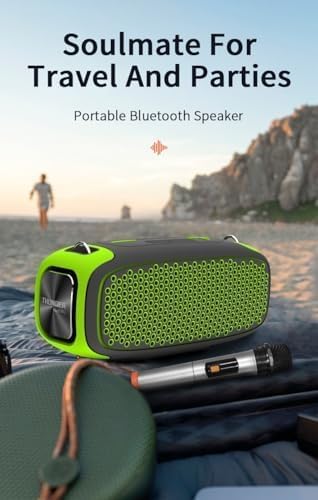 WIWU P16 Max Wireless Speaker and a wireless microphone in an outdoor travel setting.
