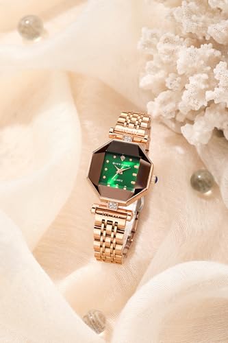 Image of Giordano Dress Watch for Women - Rose Gold Finish, Diamond Accented Octagonal Dial & Stainless Steel Strap
