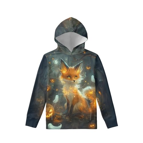 Unisex Kids Halloween Hoodie Boy Girl Cute Fox Print Hooded Pullover Pocket Sweatshirt