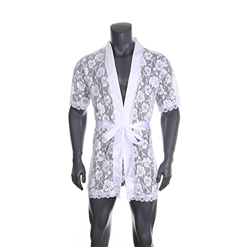 Hksichengkeji SHUI-QUN-99-SCNUS Men Sexy Lace Bathrobe Floral Mesh Lingerie Transparent Belted Sleepwear Ultra-Thin Pajamas Suit Nightgown Kimono Robe Unisex thumb #4