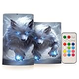 LFICRTAN White Wolf with Glowing Blue Eyes Flameless Candles Battery Operated Color Changing LED Candles with Remote Control Timer Outdoor Indoor 2 Pack