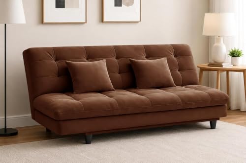 Image of Velvet Fabric Wooden 3-Seater Apsen Sofa Bed with Tufted Couch with Adjustable Backrest- Living Room Furniture-Brown-Color