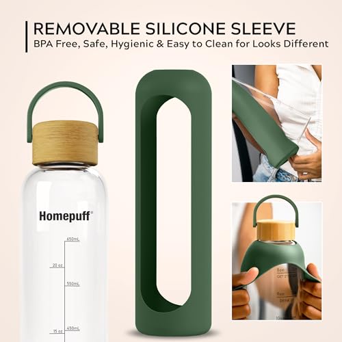 Image of Home Puff Borosilicate Glass Water Bottle With Silicone Cover Sleeve (1000Ml) | Airtight, Leak-Proof Bamboo Lid, BPA-Free, Eco-Friendly, Reusable Bottle For Fridge, Gym, Travel, Office, Home (Green)
