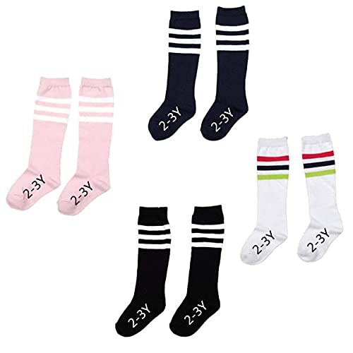 2-3 Years Old Kids Girls Boys Cotton Over Knee High Soccer Sports Team Socks,4 Pairs