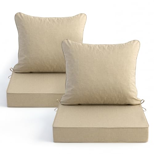 Image of Summsun Outdoor Chair Cushions Set of 2, Faux Linen Patio Furniture Cushions, Water Resistant Backrest and Deep Seat Cushion Set with Straps, Removable Cover, Non-Slip Bottom, 22 x 22 Inch, Nature