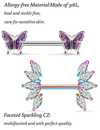 Vsnnsns 14G Nipple Rings Butterfly & Flower Piercing Jewelry - Surgical Steel, Cubic Zirconia, Silver, Black, Rainbow, Rose Gold4