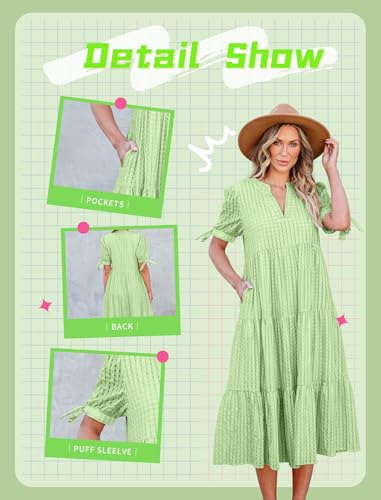 Image of Theenkoln Womens Casual Midi Dress: Short Sleeve V-Neck Empire Waist Gingham Spring Fashion Long Trendy Tiered Formal Dresses
