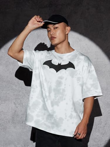 Image of The Souled Store Men Official Batman: Bat Signal Tie Dye Grey Printed Oversized T-Shirts
