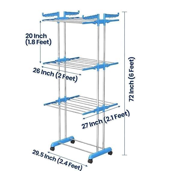 Image of SUNDRY 1pc 3-Tier Rolling Clothes Drying Rack,Freestanding Rack for Bathrooms, Apartments, and Laundry Rooms, with 360 Wheels for Easy Movement