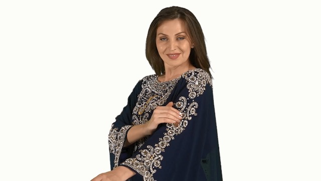 Abito lungo blu navy in georgette con corpetto a maniche ad aletta