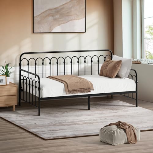 Oikiture Day Bed Metal Bed Frame Single Size Bed 196 x 93 x 93cm Vitange Steel Slat Support Black
