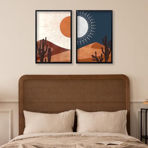 Sun and Moon Cactus Desert Landscape Wall Art Decor 24"x16" Modren Farmhouse Living Room Set of 2 Botanical Prints Wooden Framed Bedroom Boho Multicolor Minimal Wall Hanging Sign (Black) - Image 4
