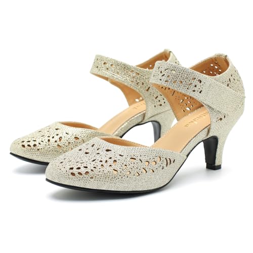 Image of Women's Comfortable Mary Jane Pumps Vintage Cutout Closed Toe Kitten Heels for Dressy Office Work