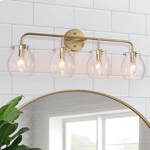 Image of KSANA Gold Bathroom Vanity Light Fixtures 4-Light Wall Sconce Seeded Glass Wall Lights Over Mirror