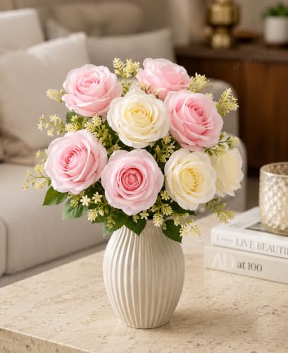 Image of Divyakosh Artificial Flowers Bunch (Vase Not Included). Artificial Flower for Vase, 8 Head Blush Pink & Cream Rose Arrangement, Luxury Floral Centerpiece for Living Room Dining Table Office Decor