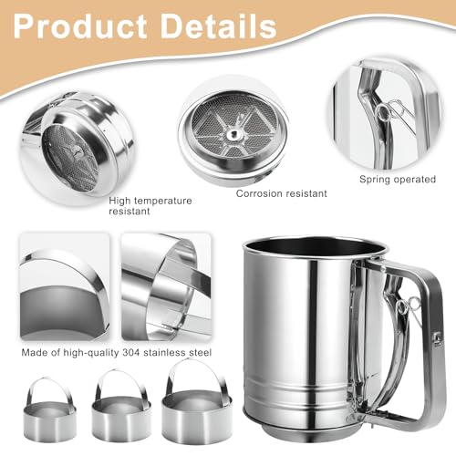 AIHSUMC Stainless Steel Flour Sifter for Baking, Flour Strainer with 3 Pcs Round Biscuit Cutter,3 Cup Double Layer Sieve Hand Crank Flour Sifter Shaker for Powder Sugar,Cakes,Pastries,Pies, Desserts