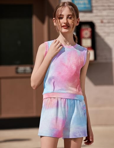 Image of Arshiner Girls 2 Piece Short Sets Sleeveless Tops and Shorts with Pockets | Round Neck Waist Elastic Sport Clothing Outfits Perfect for Spring Summer