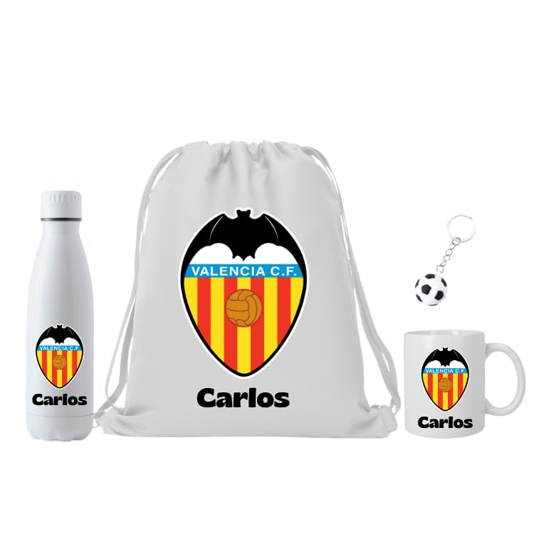 Genérico Escudo Valencia CF- Personalizado con Nombre - Regalo Valencia FC para los Fans de Futbol - Regalo para Hombre Mujer o niño (Escudo Valencia CF) (Botella + Mochila + Taza + Llavero)
