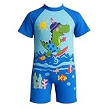 Morex One-Piece Printed Swimsuit for Boys & Girls | Quick Dry, Poly Spandex Beachwear with UV Protection - Soft & Stretchable, Zipper Closure Swimming Costume Wear for Kids Fun Dinosaur (Blue)_3-5Y