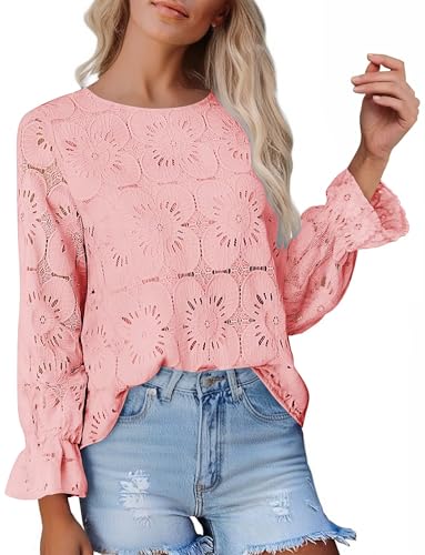 StunShow Women Eyelet Shirts Long Sleeve Shirts for Women Lace Dressy Embroidered Blouses 2025 Fashion Top2