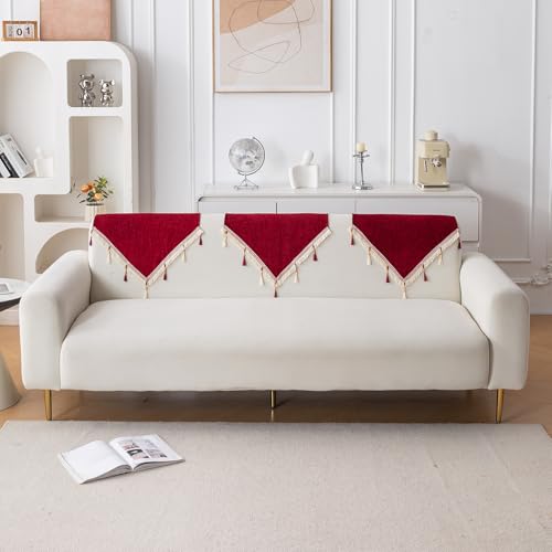 Image of HOKIPO 'Serenity Tassel' Chenille Sofa Back Cover with Tassels - 1 Pc Crimson Ruby (IN-894-MRN)