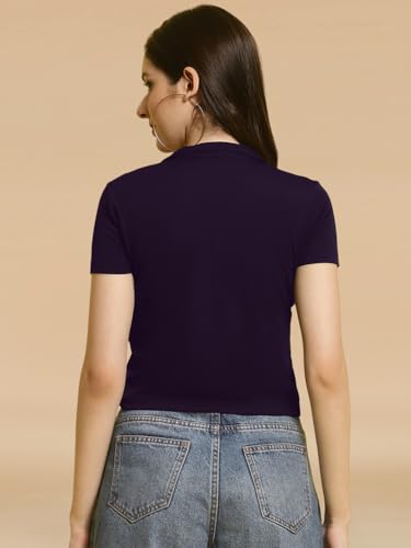 Image of Pinkmint Women's Solid Cotton Collar Neck Top ll Lycra Crop Tank T-Shirt ll Korean Trendy Half Sleeve ll Stylish Collared T-Shirt (Pack of 1)