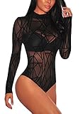 FIYOTE Women Lone Sleeve See Through Slim Fit Mesh One Piece Bodysuit Romper Tops Clubwear Medium Size Black 1