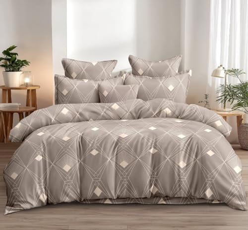 Image of Cotton Feel Glace Double Bed Fitted Bedsheet All Around Elastic Queen Size with 2 Pillow Covers (60 inch x 78 inch inches, Hexa Brown)