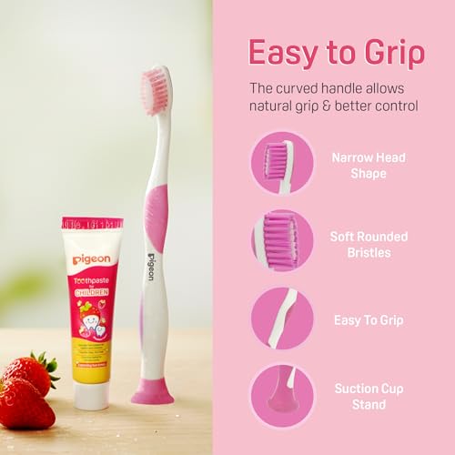 Image of Pigeon Kids Toothbrush Pink for 2-6 Years with Free Toothpaste | Soft Bristles | Gentle Oral Care for Children | Fluoride-Free & Safe for Kids
